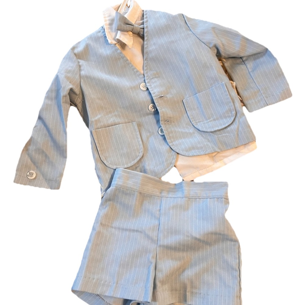 Vintage 80s Happy Boy 2T Long Sleeve Blue Stripe Seersucker 4 Piece Short Suit